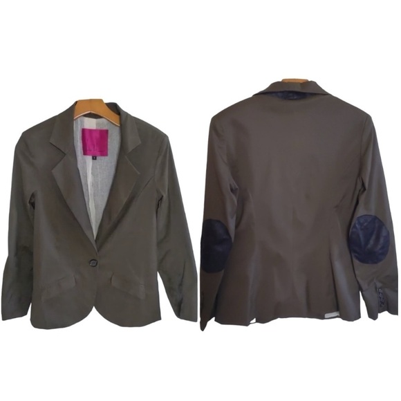 NWOT Heidi Merrick Khaki Blazer Elbow Patches Vegan Leather Trim Size 4 - Picture 1 of 15